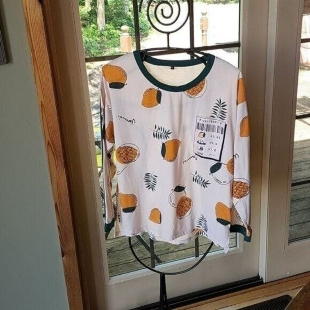 Goso Uglybaby Women Mango Fruit Print Long Sleeve Graphic T-Shirt Cream Green XL